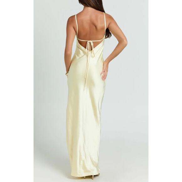 SHOWPO NATALIE MAXI DRESS Satin Scoop Neck Low Tie Back Slip Dress in Lemon Sz 4 - Picture 3 of 11